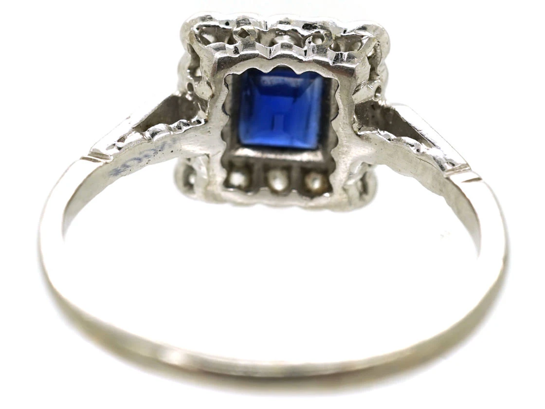 Art Deco 18ct White Gold, Platinum, Sapphire & Diamond Square Ring 9 Art Deco 18ct White Gold, Platinum, Sapphire & Diamond Square Ring - Image 7