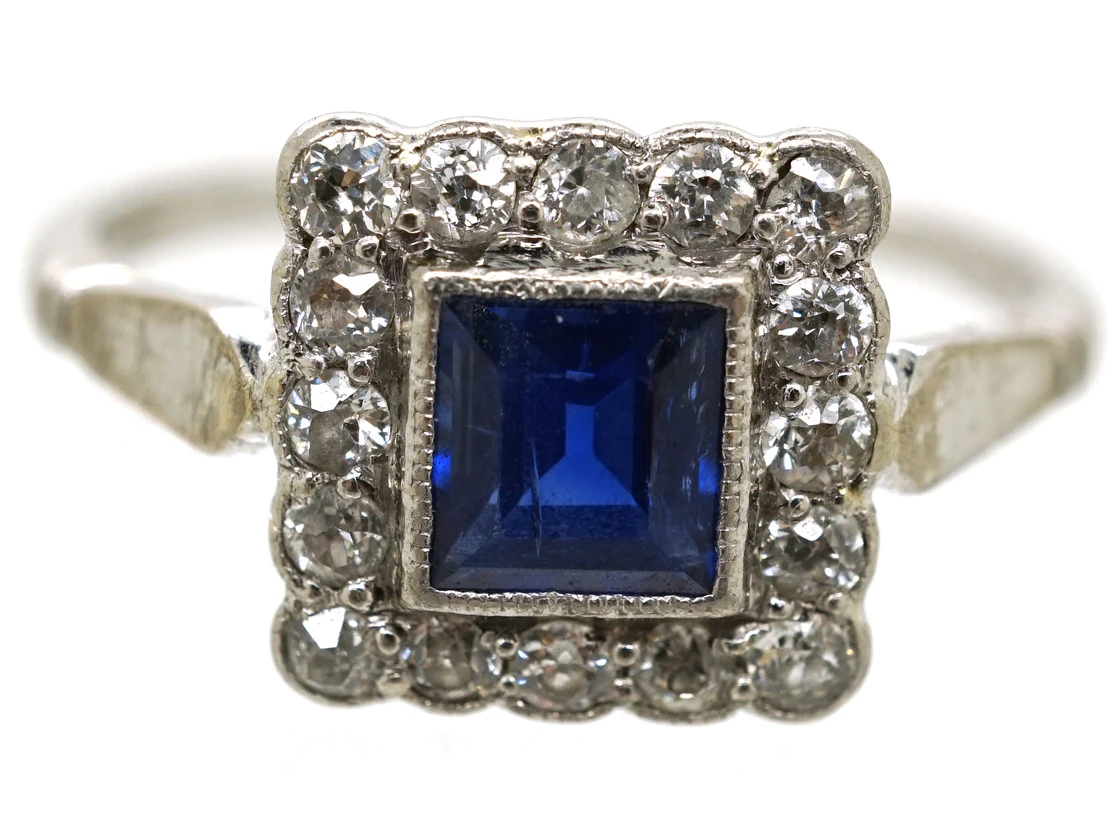 Art Deco 18ct White Gold, Platinum, Sapphire & Diamond Square Ring 5 Art Deco 18ct White Gold, Platinum, Sapphire & Diamond Square Ring - Image 3