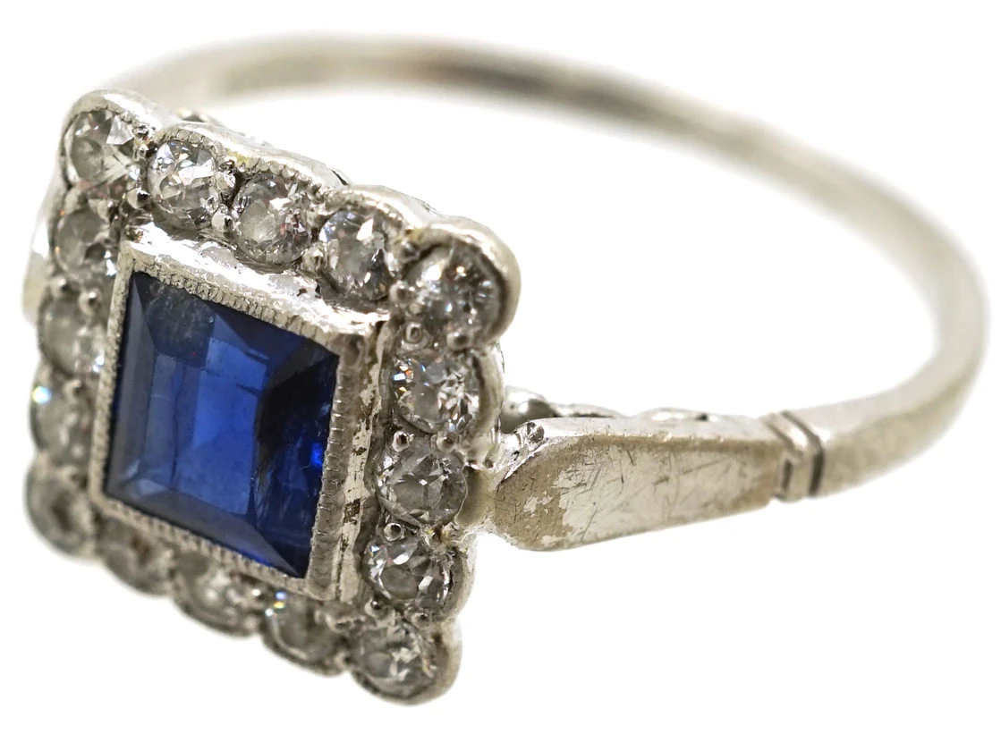 Art Deco 18ct White Gold, Platinum, Sapphire & Diamond Square Ring 10 Art Deco 18ct White Gold, Platinum, Sapphire & Diamond Square Ring - Image 8