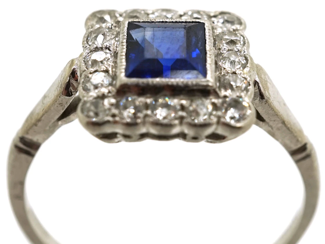 Art Deco 18ct White Gold, Platinum, Sapphire & Diamond Square Ring 6 Art Deco 18ct White Gold, Platinum, Sapphire & Diamond Square Ring - Image 4