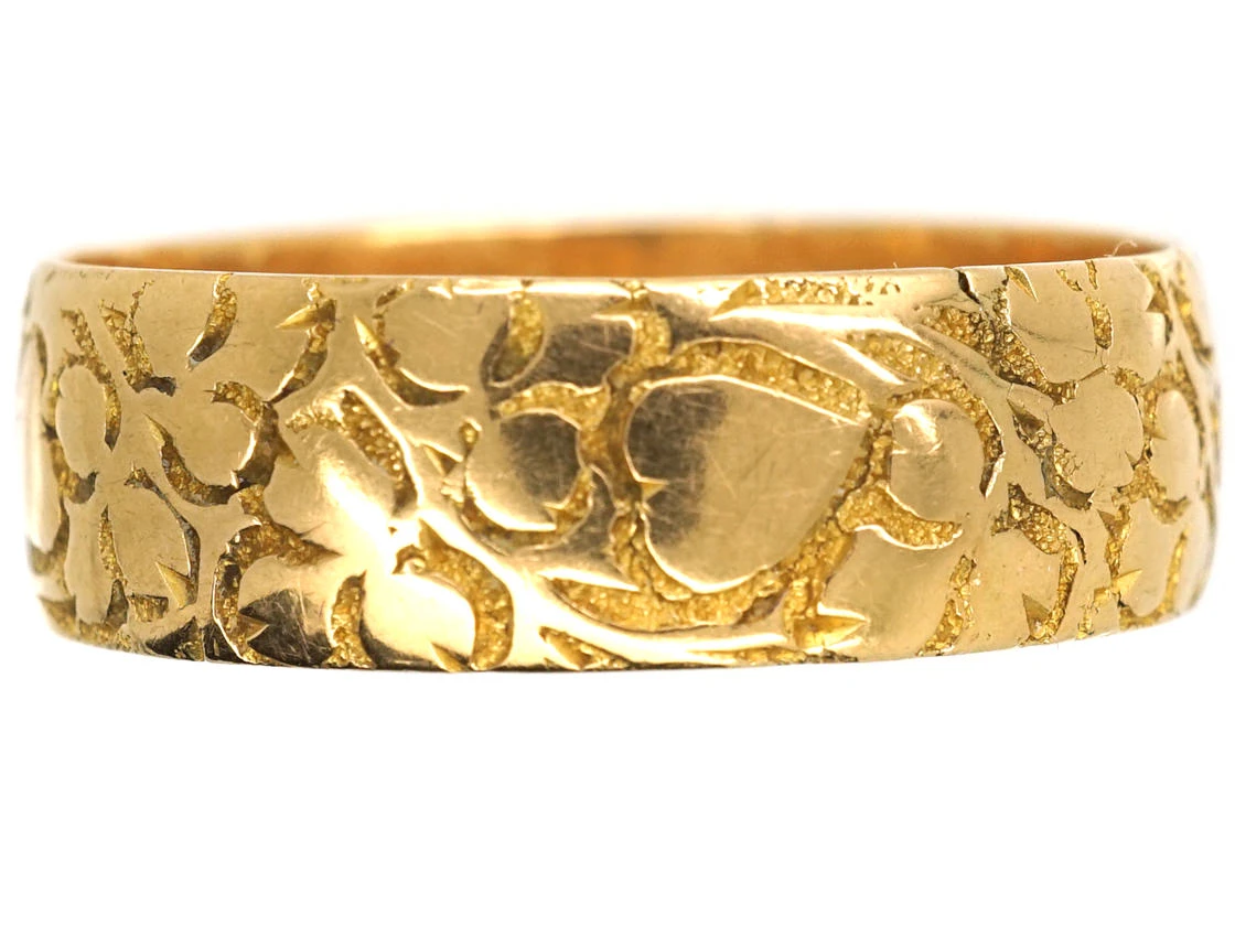 Edwardian 18ct Gold Large Wedding Ring Engraved With Ivy & Hearts 3 Edwardian 18ct Gold Large Wedding Ring Engraved With Ivy & Hearts