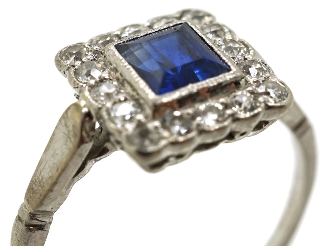 Art Deco 18ct White Gold, Platinum, Sapphire & Diamond Square Ring 7 Art Deco 18ct White Gold, Platinum, Sapphire & Diamond Square Ring - Image 5