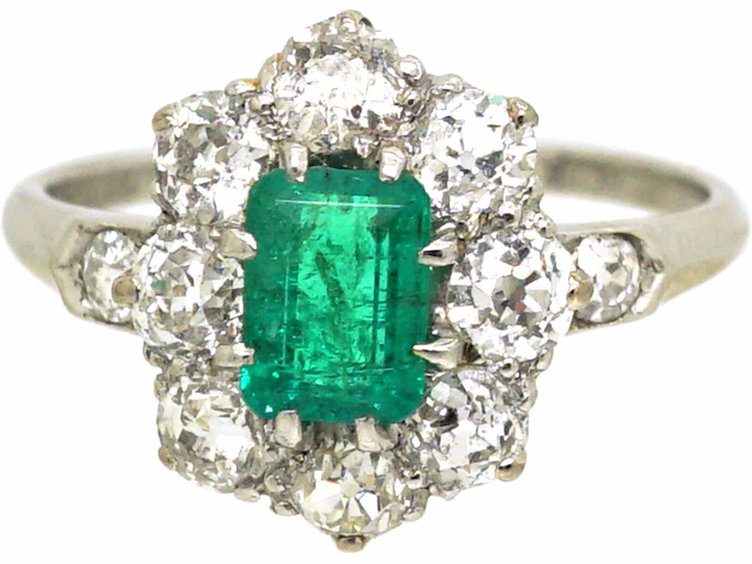 Edwardian Platinum, Emerald & Diamond Cluster Ring With Diamond Set Shoulders 9 Edwardian Platinum, Emerald & Diamond Cluster Ring With Diamond Set Shoulders - Image 7