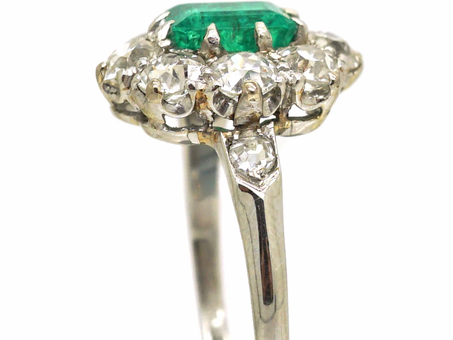 Edwardian Platinum, Emerald & Diamond Cluster Ring With Diamond Set Shoulders 4 Edwardian Platinum, Emerald & Diamond Cluster Ring With Diamond Set Shoulders - Image 2