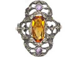 Art Deco Silver, Marcasite, Citrine & Amethyst Ring