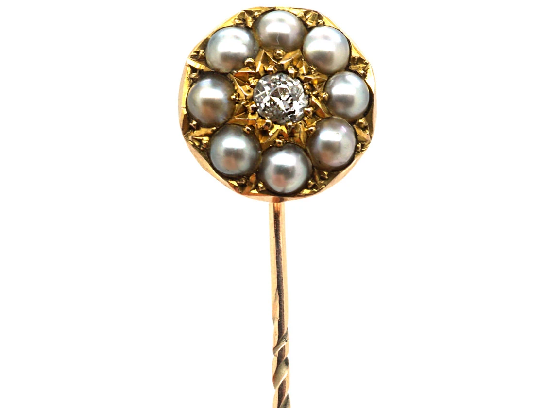 Victorian 15ct Gold, Natural Split Pearl & Diamond Tie Pin 3 Victorian 15ct Gold, Natural Split Pearl & Diamond Tie Pin
