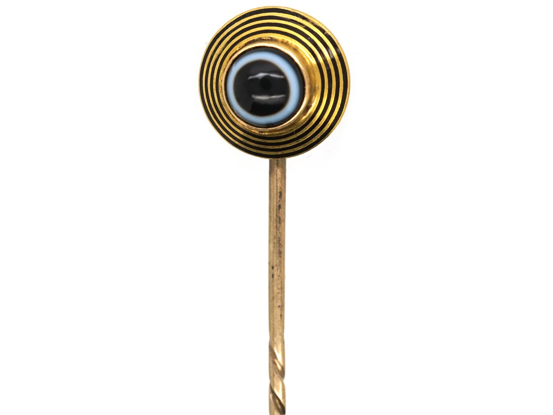 Victorian 18ct Gold, Black Enamel & Banded Onyx Tie Pin 3 Victorian 18ct Gold, Black Enamel & Banded Onyx Tie Pin