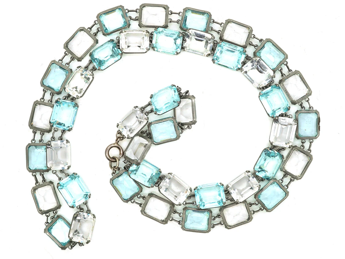 Art Deco Long Silver Chain Set With Blue & White Paste 3 Art Deco Long Silver Chain Set With Blue & White Paste