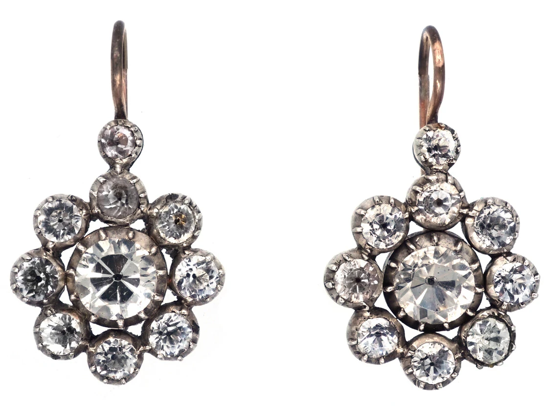 Georgian Silver & Gold Paste Cluster Earrings 3 Georgian Silver & Gold Paste Cluster Earrings