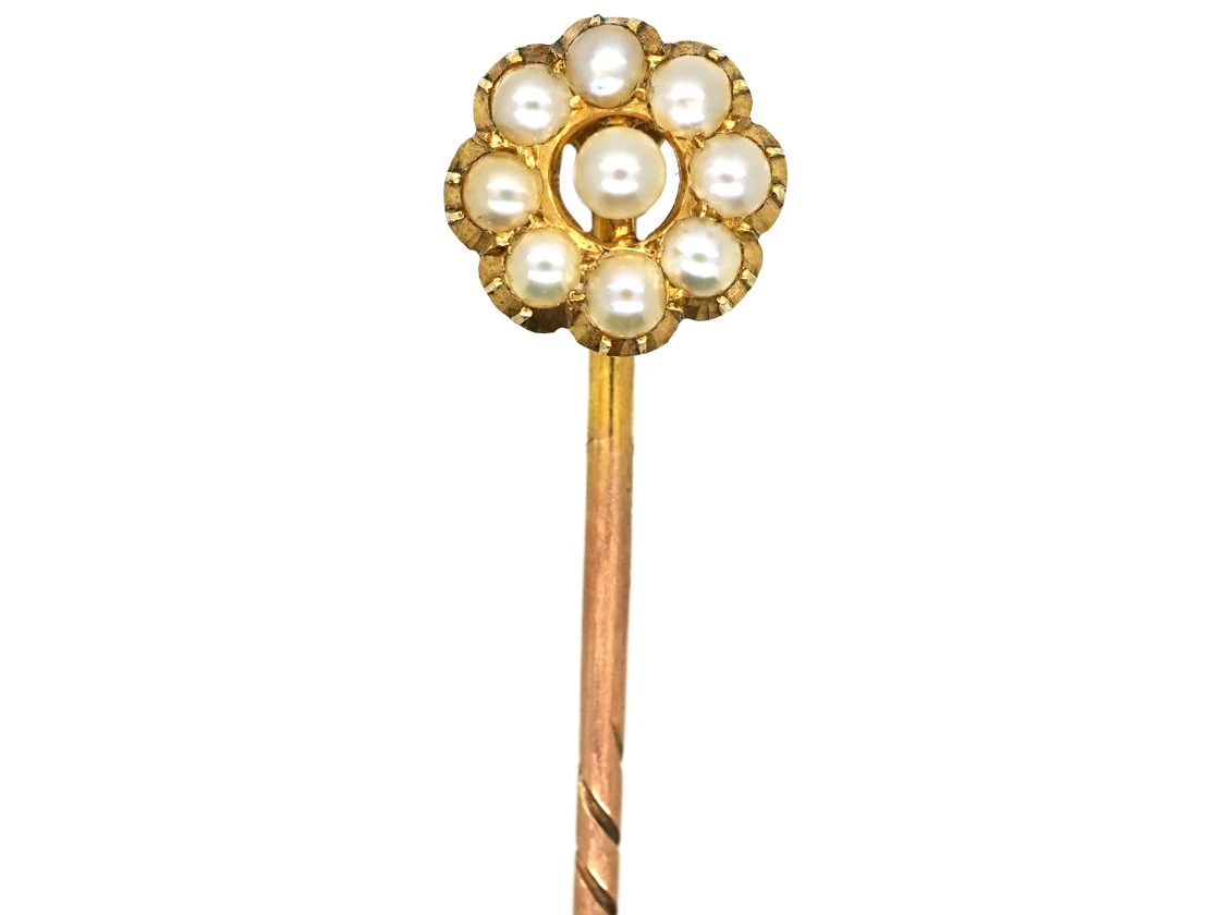 Edwardian 15ct Gold & Natural Split Pearl Cluster Tie Pin 3 Edwardian 15ct Gold & Natural Split Pearl Cluster Tie Pin