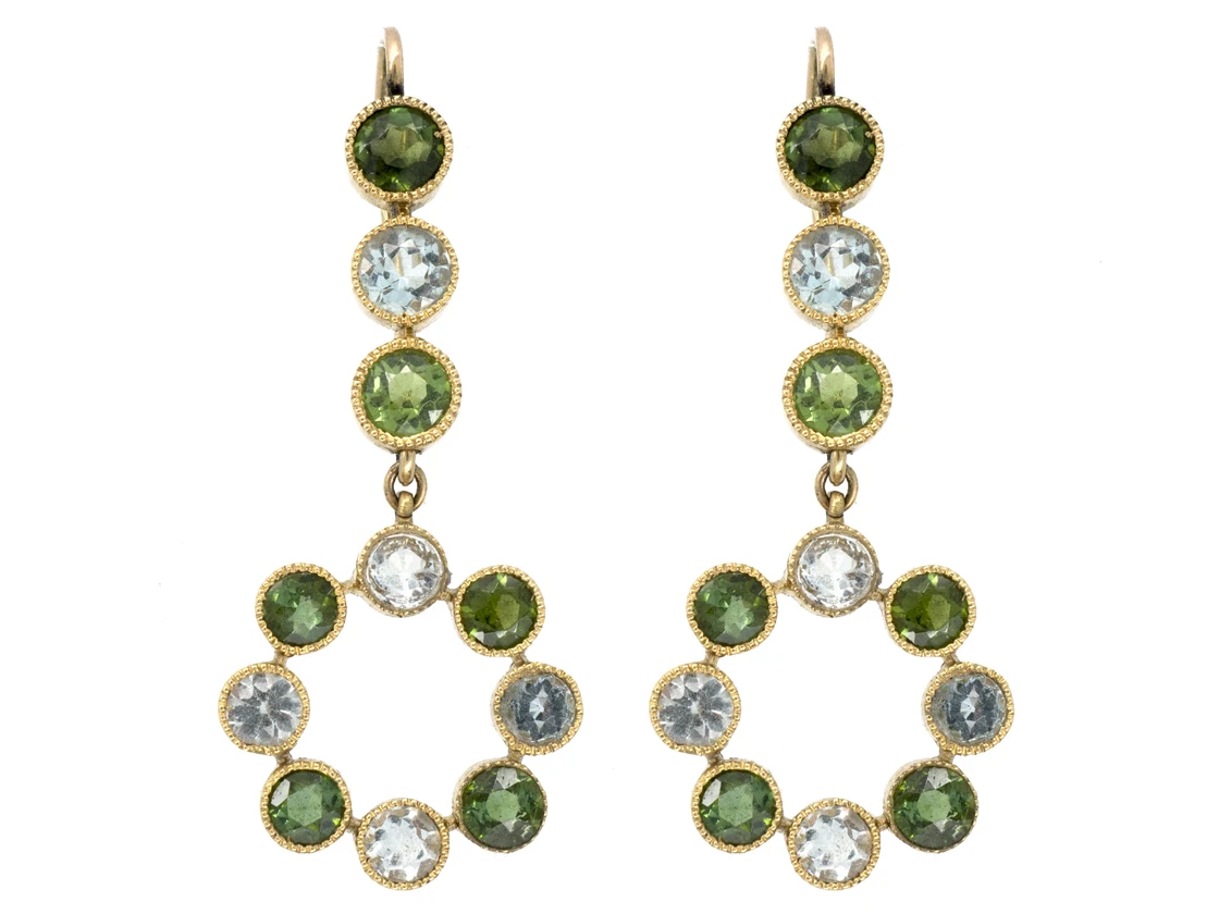 Edwardian 18ct Gold Peridot & Aquamarine Drop Earrings 3 Edwardian 18ct Gold Peridot & Aquamarine Drop Earrings