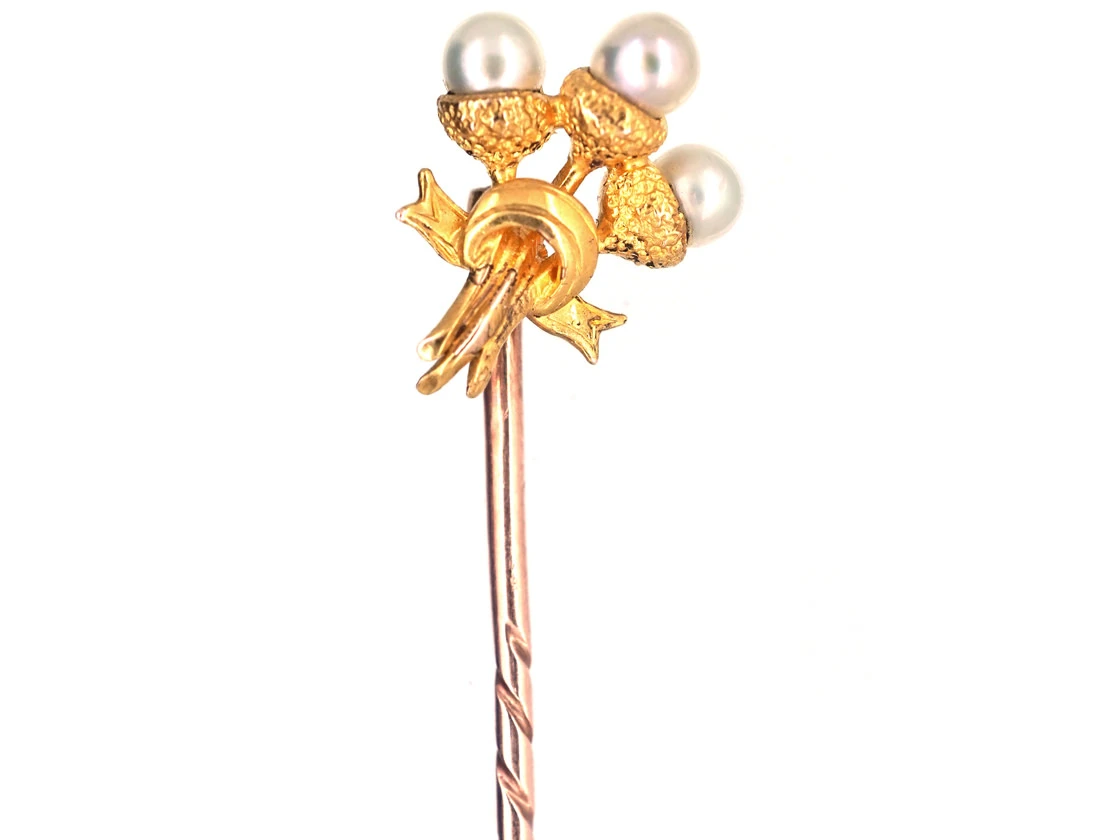 Edwardian 15ct Gold Triple Acorn & Natural Pearl Tie Pin 3 Edwardian 15ct Gold Triple Acorn & Natural Pearl Tie Pin