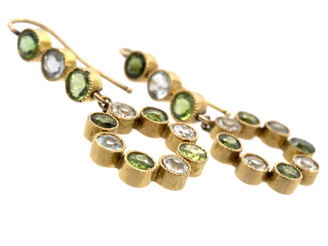Edwardian 18ct Gold Peridot & Aquamarine Drop Earrings 5 Edwardian 18ct Gold Peridot & Aquamarine Drop Earrings - Image 3