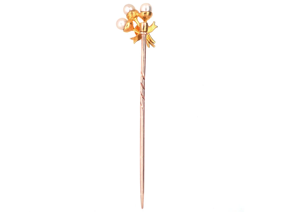 Edwardian 15ct Gold Triple Acorn & Natural Pearl Tie Pin 5 Edwardian 15ct Gold Triple Acorn & Natural Pearl Tie Pin - Image 3