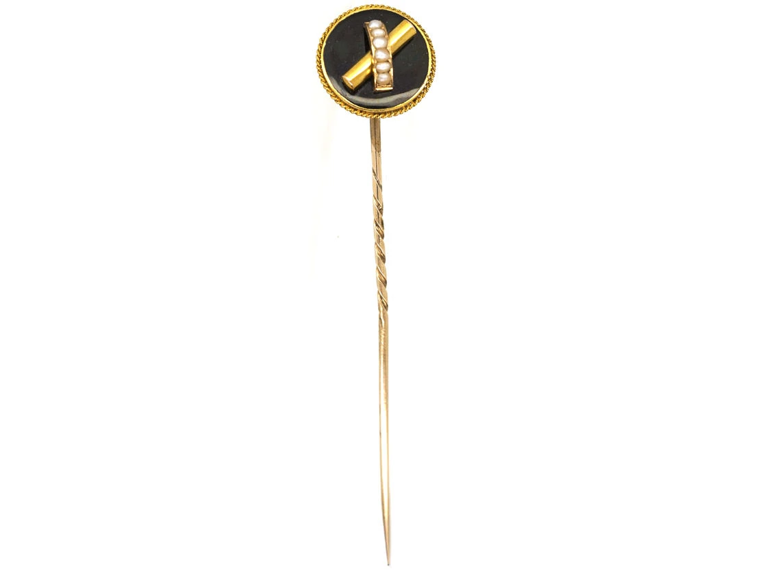 Victorian 18ct Gold Onyx & Natural Split Pearl Tie Pin 4 Victorian 18ct Gold Onyx & Natural Split Pearl Tie Pin - Image 2