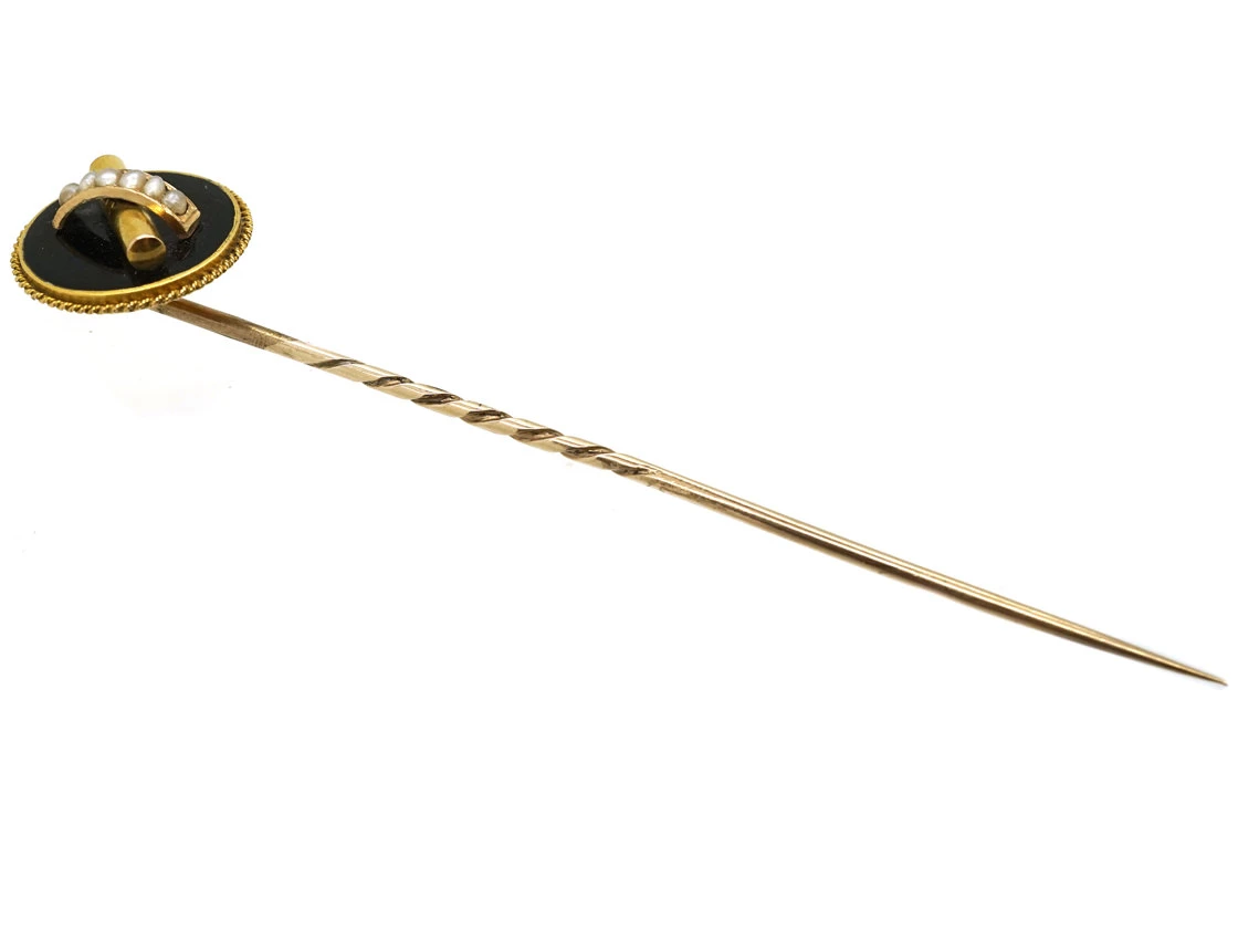 Victorian 18ct Gold Onyx & Natural Split Pearl Tie Pin 5 Victorian 18ct Gold Onyx & Natural Split Pearl Tie Pin - Image 3