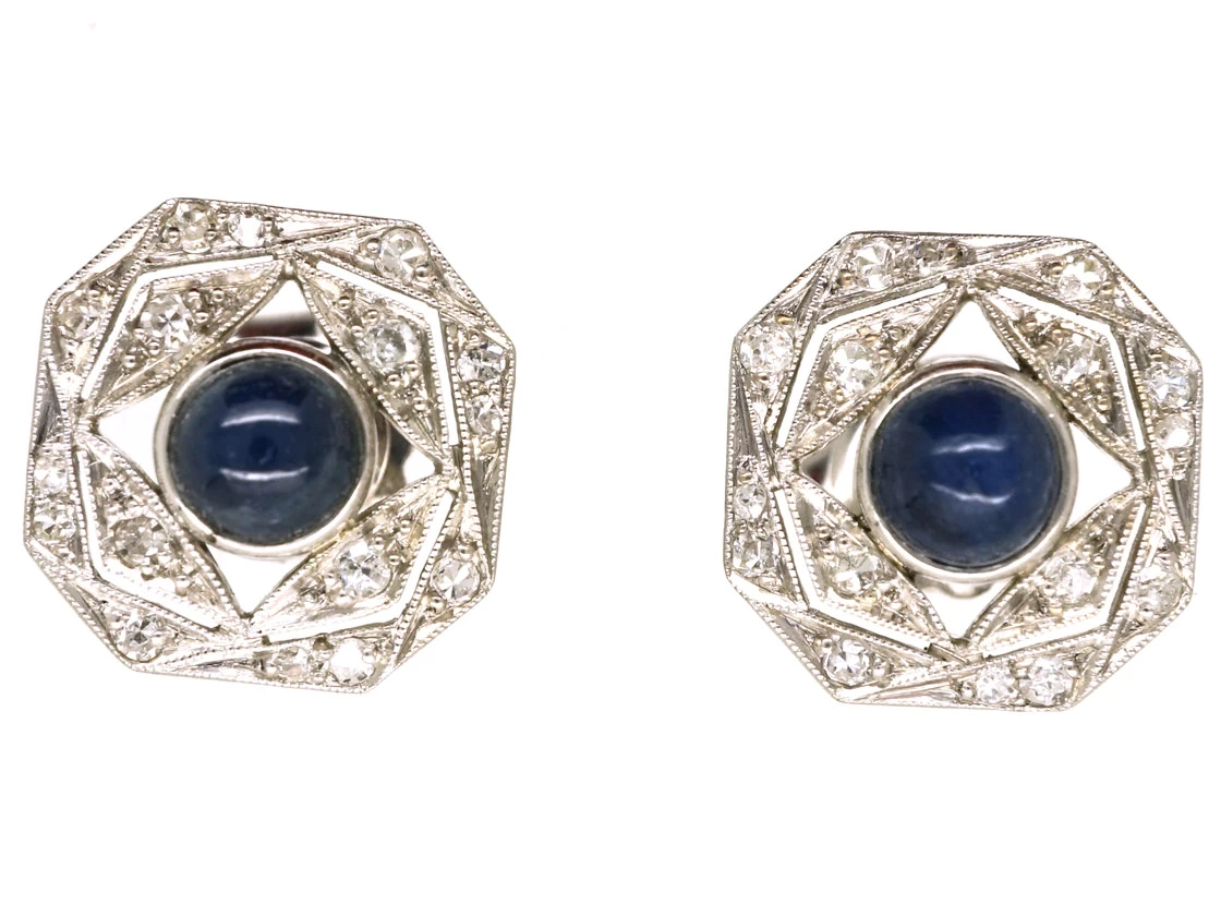 Art Deco Platinum, Cabochon Sapphire & Diamond Octagonal Earrings 3 Art Deco Platinum, Cabochon Sapphire & Diamond Octagonal Earrings