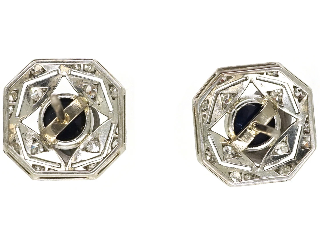 Art Deco Platinum, Cabochon Sapphire & Diamond Octagonal Earrings 6 Art Deco Platinum, Cabochon Sapphire & Diamond Octagonal Earrings - Image 4