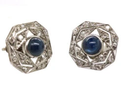 Art Deco Platinum, Cabochon Sapphire & Diamond Octagonal Earrings 7 Art Deco Platinum, Cabochon Sapphire & Diamond Octagonal Earrings -Antique Jewellery Company DSC04251