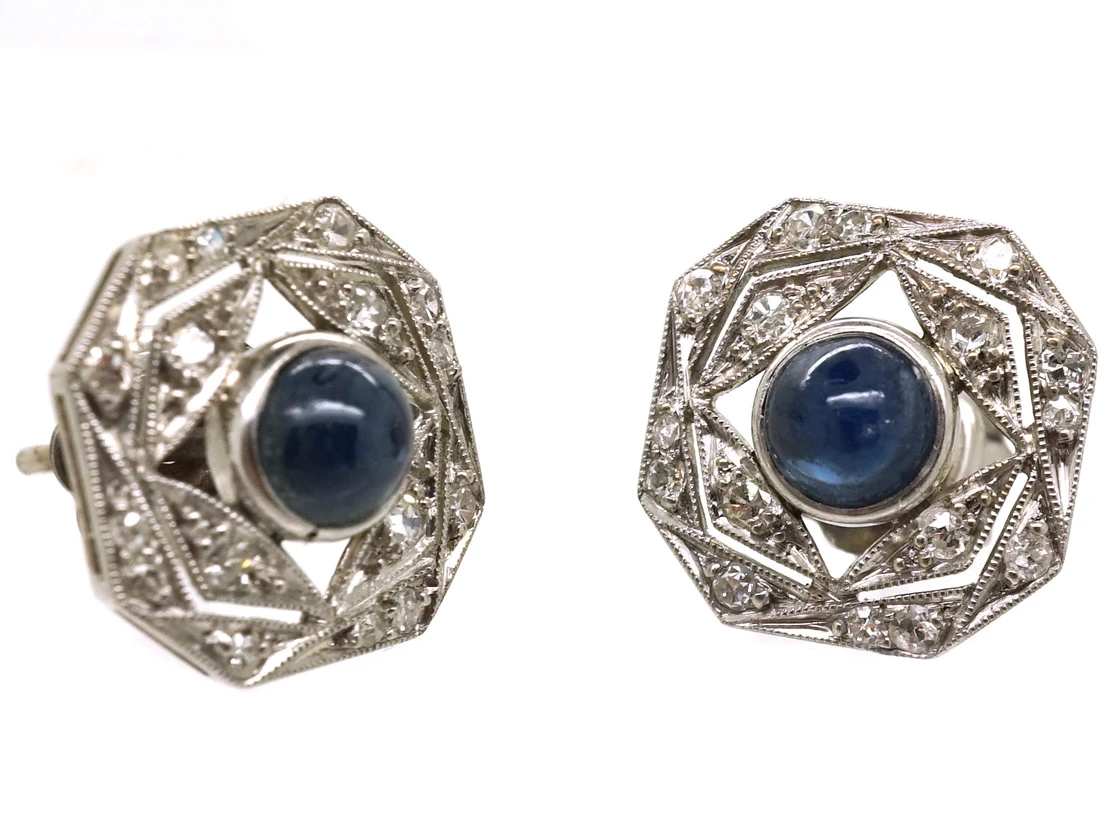Art Deco Platinum, Cabochon Sapphire & Diamond Octagonal Earrings 4 Art Deco Platinum, Cabochon Sapphire & Diamond Octagonal Earrings - Image 2