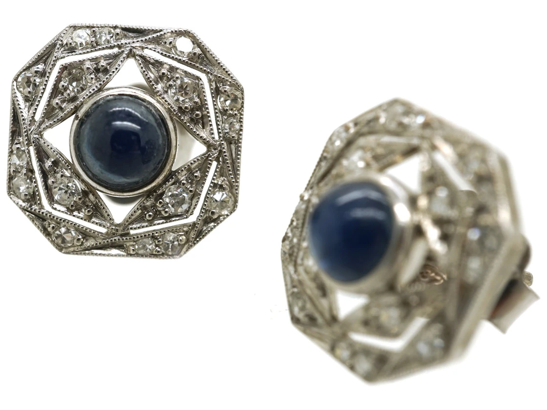 Art Deco Platinum, Cabochon Sapphire & Diamond Octagonal Earrings 5 Art Deco Platinum, Cabochon Sapphire & Diamond Octagonal Earrings - Image 3
