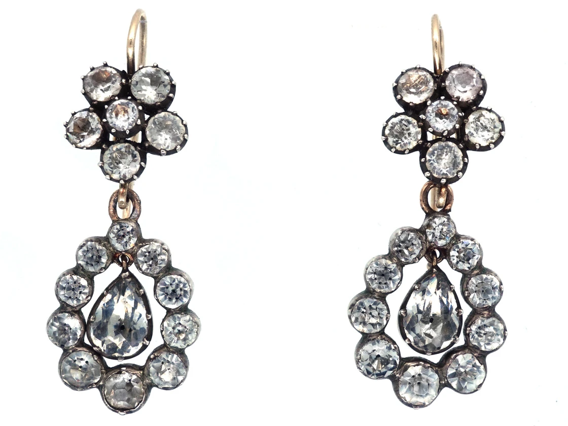 Georgian Paste Set Cluster & Pear Shaped Drop Earrings 3 Georgian Paste Set Cluster & Pear Shaped Drop Earrings