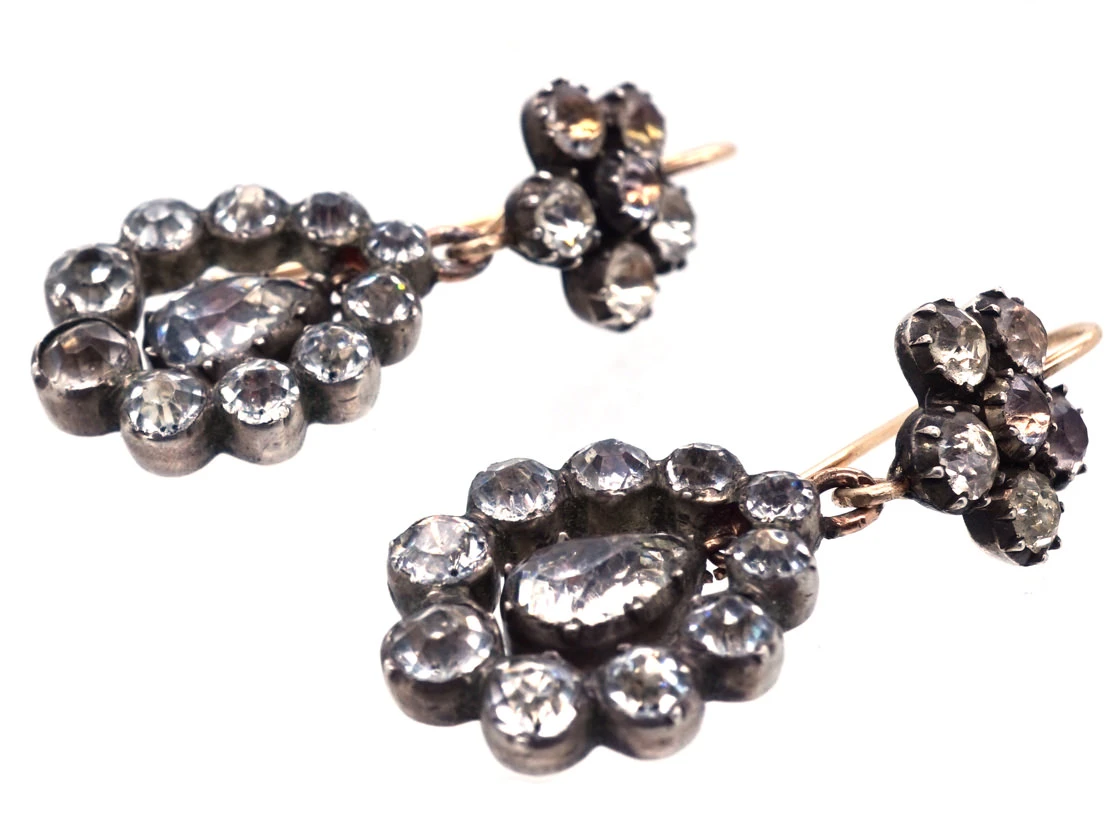 Georgian Paste Set Cluster & Pear Shaped Drop Earrings 4 Georgian Paste Set Cluster & Pear Shaped Drop Earrings - Image 2