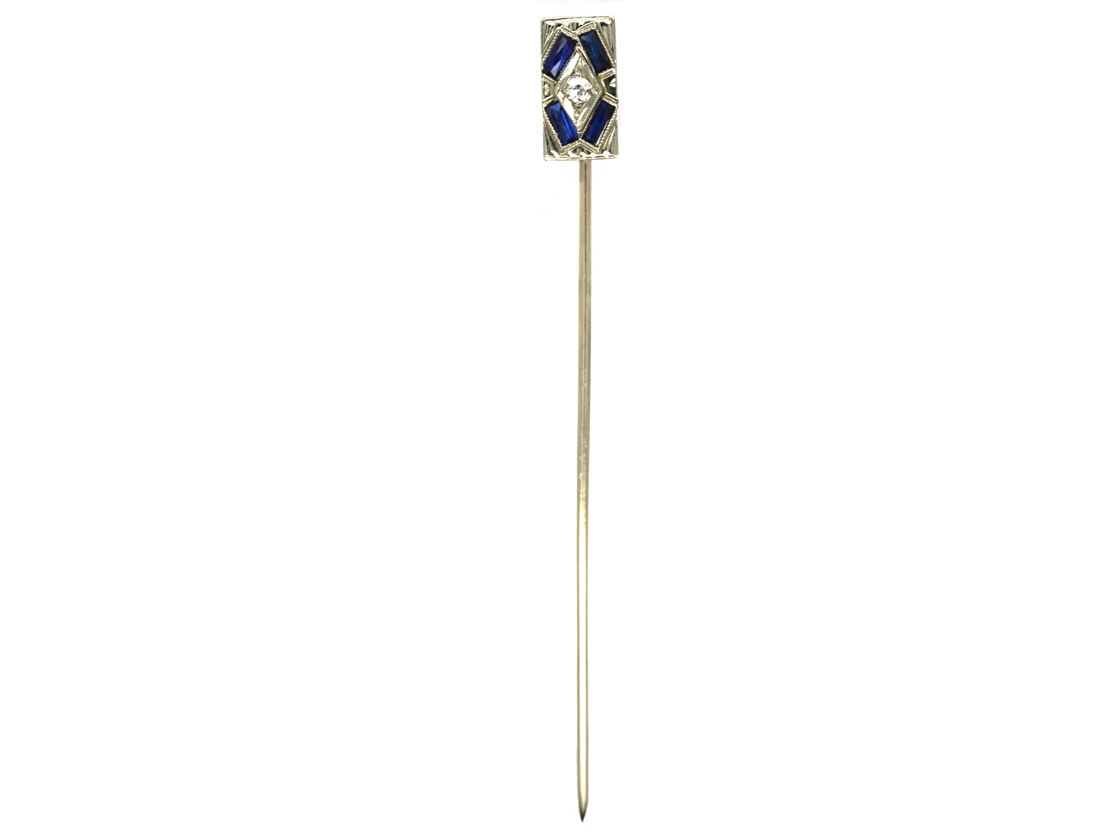 Art Deco Sapphire & Diamond Rectangular Tie Pin 4 Art Deco Sapphire & Diamond Rectangular Tie Pin - Image 2