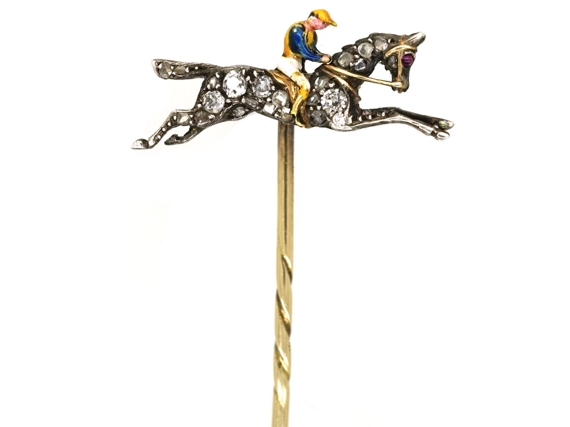 Edwardian Rose Diamond & Enamel Racehorse & Jockey Tie Pin 3 Edwardian Rose Diamond & Enamel Racehorse & Jockey Tie Pin