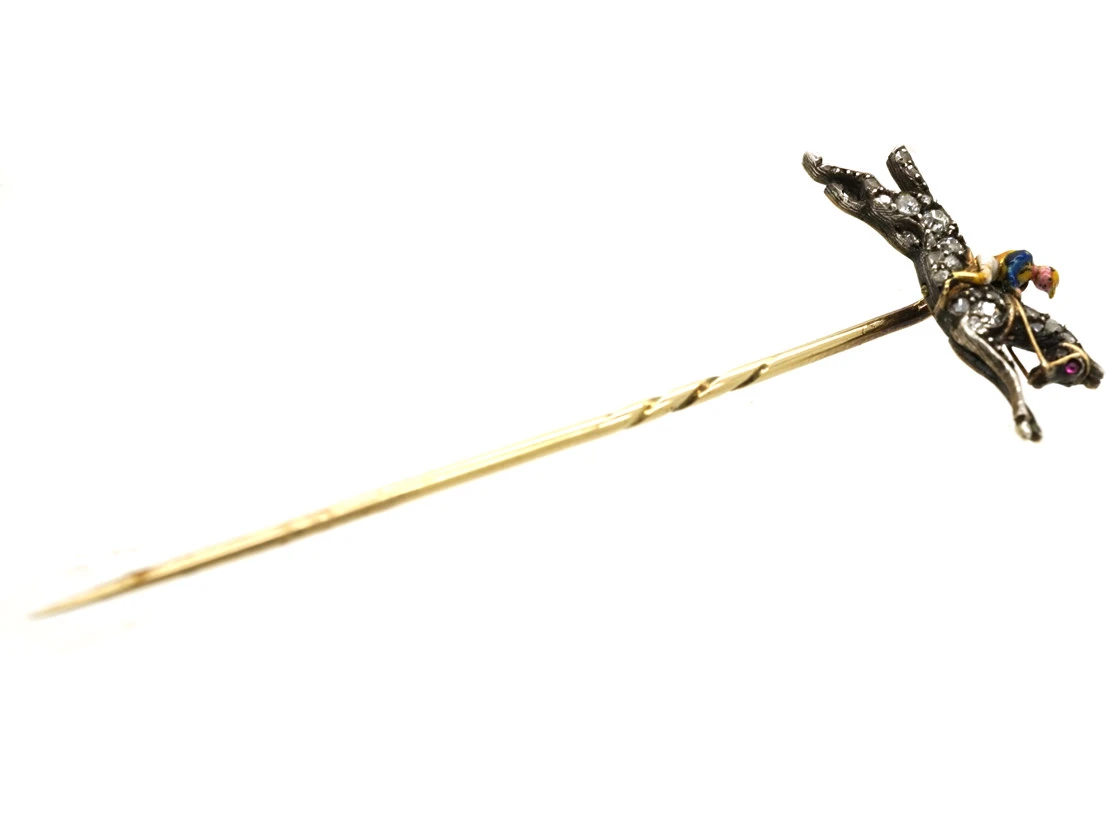 Edwardian Rose Diamond & Enamel Racehorse & Jockey Tie Pin 6 Edwardian Rose Diamond & Enamel Racehorse & Jockey Tie Pin - Image 4