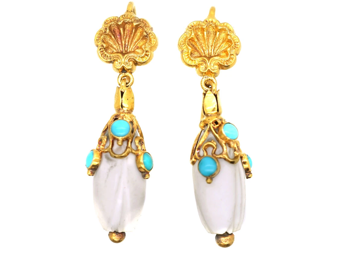 Regency 15ct Gold, White Coral & Turquoise Earrings 3 Regency 15ct Gold, White Coral & Turquoise Earrings