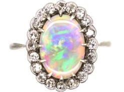 Edwardian 18ct White Gold & Platinum, Black Opal & Diamond Oval Cluster Ring
