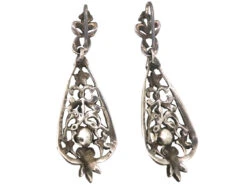 Art Deco Silver, Marcasite & Pearl Drop Earrings -Antique Jewellery Company DSC04469