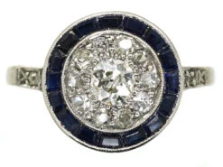 Art Deco Platinum Target Ring Set With Diamonds & Sapphires