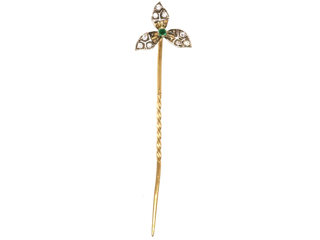 Edwardian Diamond & Emerald Three Petal Tie Pin 4 Edwardian Diamond & Emerald Three Petal Tie Pin - Image 2