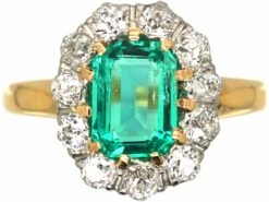 Edwardian 18ct Gold & Platinum, Emerald & Diamond Oval Cluster Ring