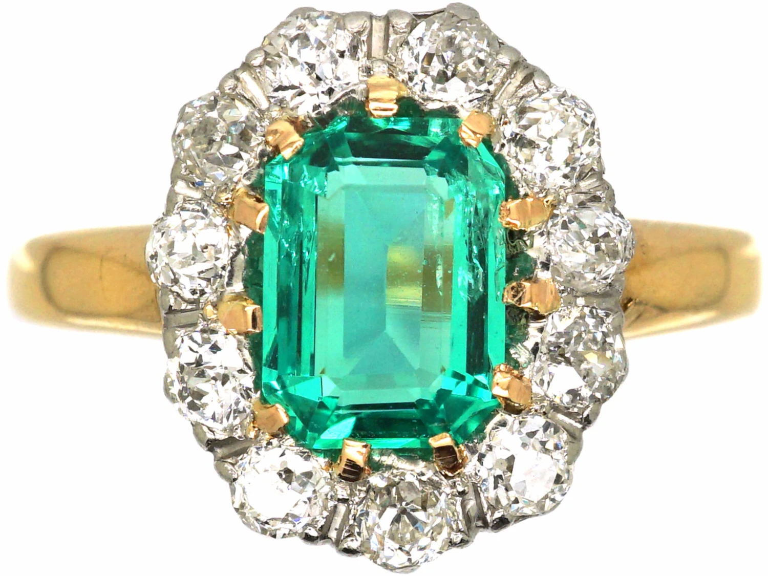 Edwardian 18ct Gold & Platinum, Emerald & Diamond Oval Cluster Ring 3 Edwardian 18ct Gold & Platinum, Emerald & Diamond Oval Cluster Ring
