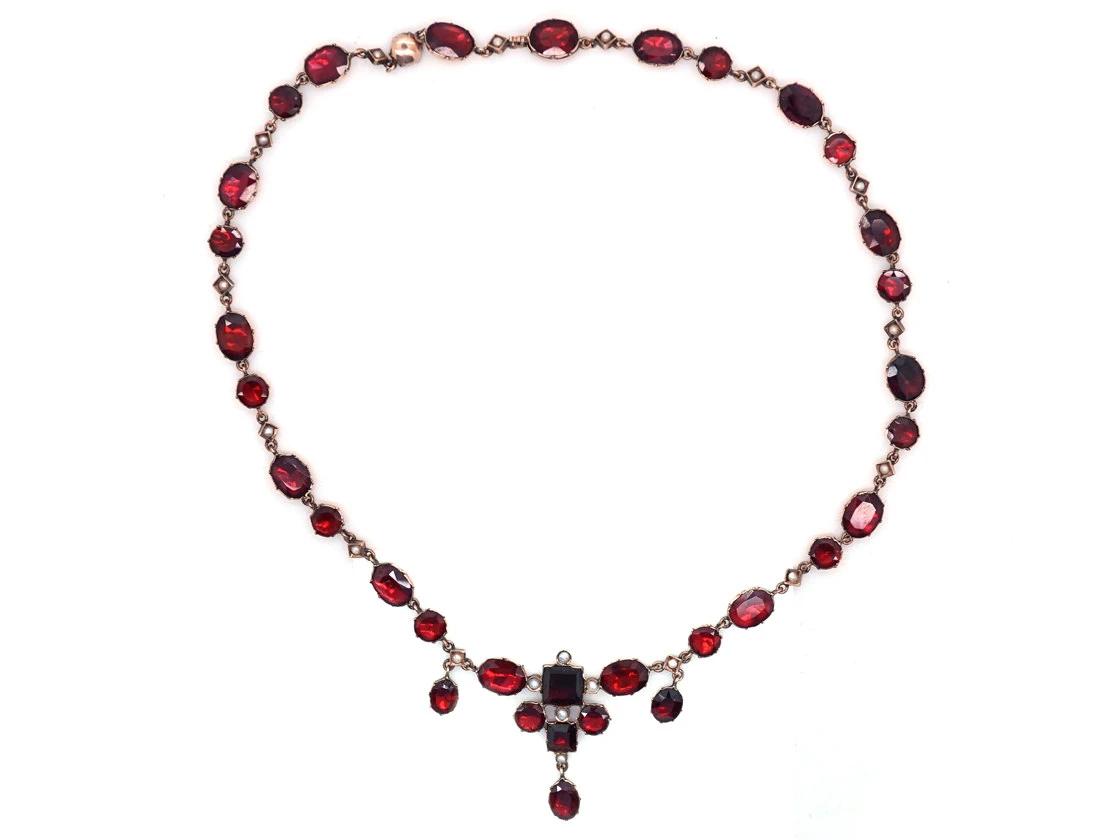Edwardian Flat Cut Almandine Garnet, Pearl & Gold Necklace In Original Case 5 Edwardian Flat Cut Almandine Garnet, Pearl & Gold Necklace In Original Case - Image 3