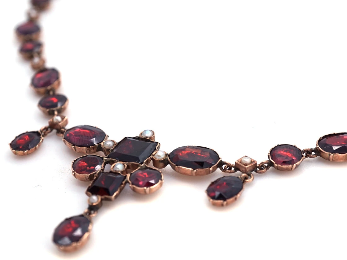 Edwardian Flat Cut Almandine Garnet, Pearl & Gold Necklace In Original Case 7 Edwardian Flat Cut Almandine Garnet, Pearl & Gold Necklace In Original Case - Image 5