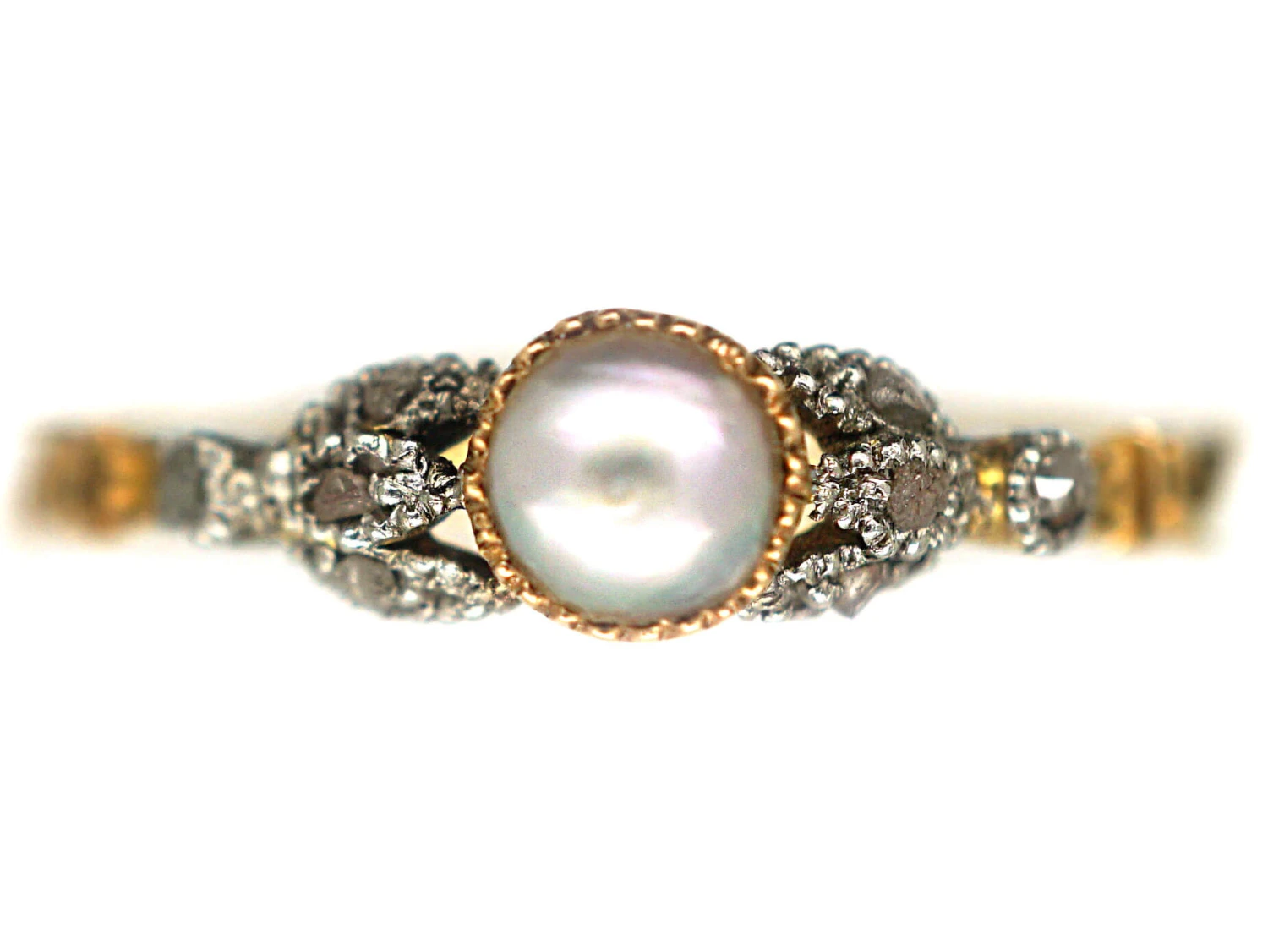 Georgian 18ct Gold, White Enamel, Natural Split Pearl & Rose Diamond Ring 3 Georgian 18ct Gold, White Enamel, Natural Split Pearl & Rose Diamond Ring
