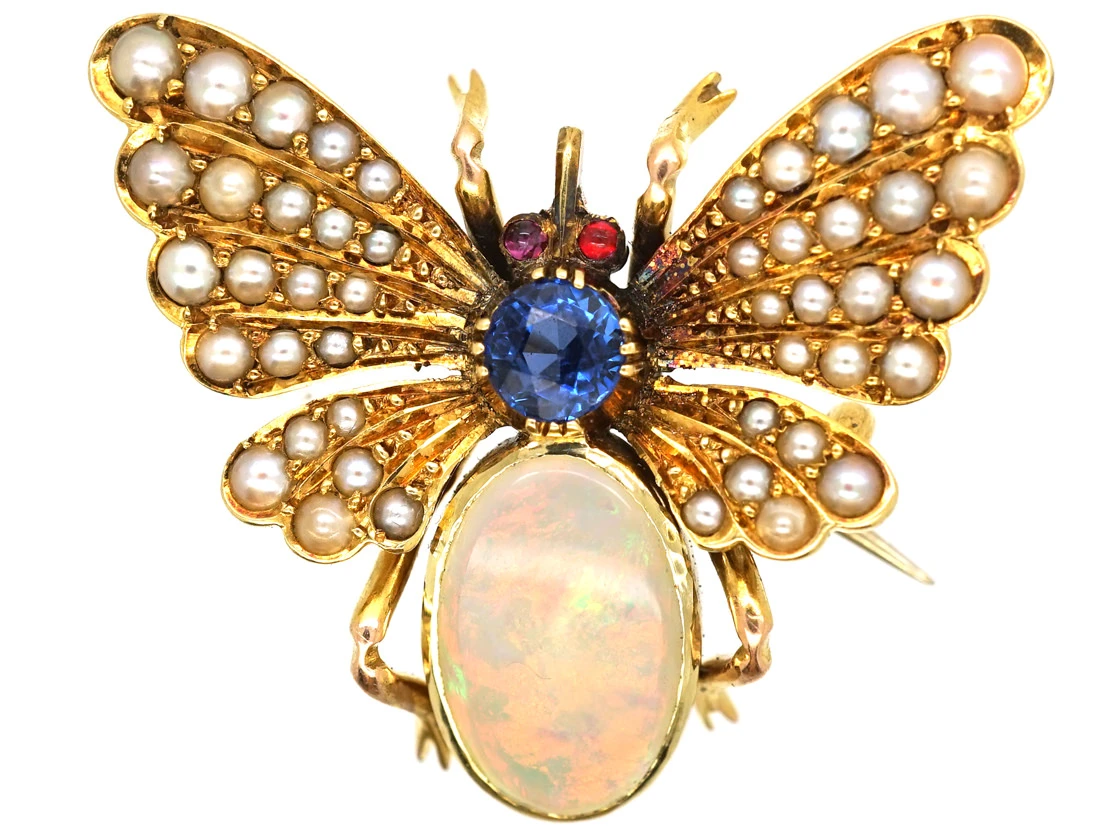 Edwardian 15ct Gold Bee Brooch Set With A Sapphire,Opal & Natural Split Pearls 2 Edwardian 15ct Gold Bee Brooch Set With A Sapphire,Opal & Natural Split Pearls