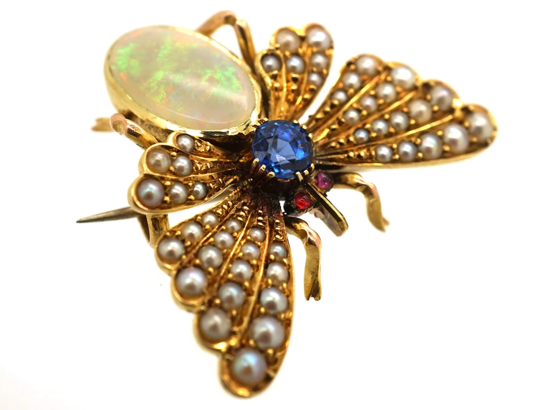 Edwardian 15ct Gold Bee Brooch Set With A Sapphire,Opal & Natural Split Pearls 3 Edwardian 15ct Gold Bee Brooch Set With A Sapphire,Opal & Natural Split Pearls - Image 2