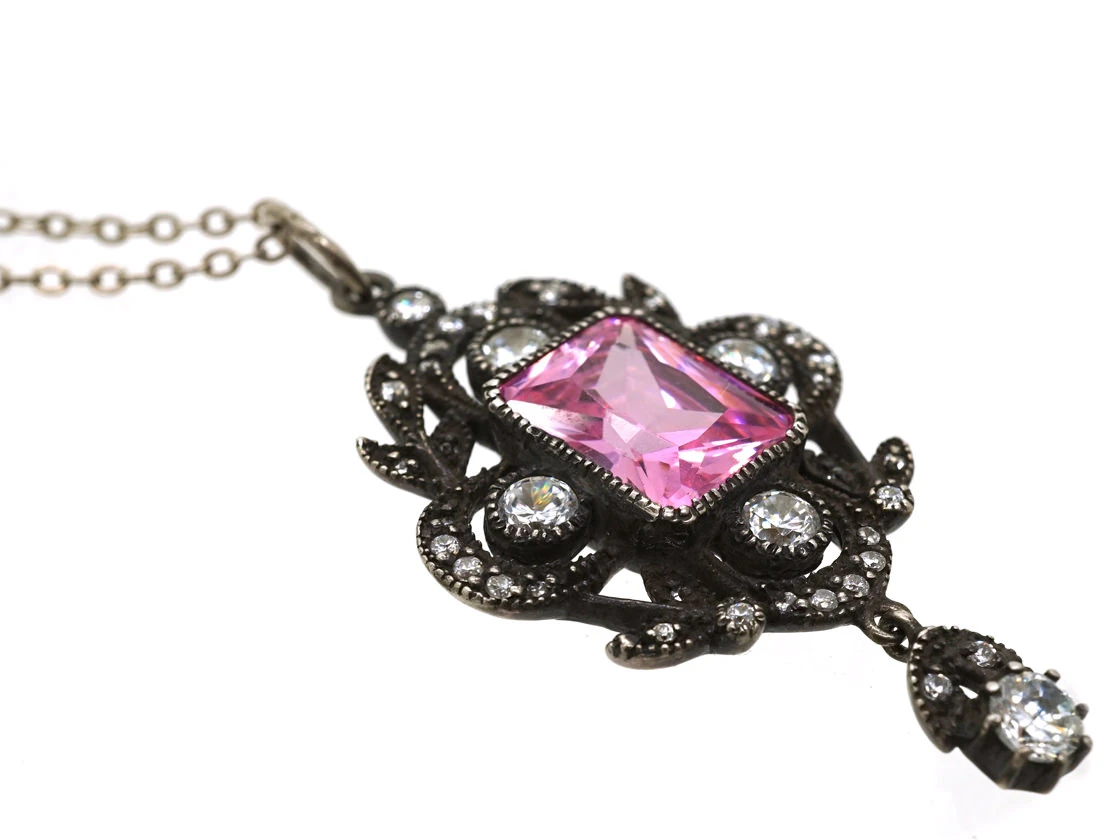 Edwardian Silver, Pink & White Paste Pendant On Silver Chain 4 Edwardian Silver, Pink & White Paste Pendant On Silver Chain - Image 2