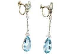 Art Deco 14ct Gold Long Drop Aquamarine & Diamond Earrings 7 Art Deco 14ct Gold Long Drop Aquamarine & Diamond Earrings -Antique Jewellery Company DSC04788