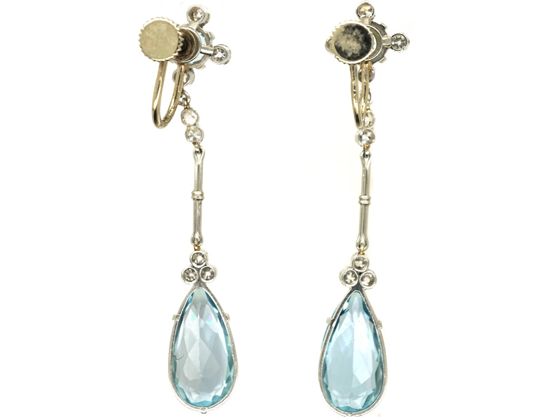 Art Deco 14ct Gold Long Drop Aquamarine & Diamond Earrings 6 Art Deco 14ct Gold Long Drop Aquamarine & Diamond Earrings - Image 4