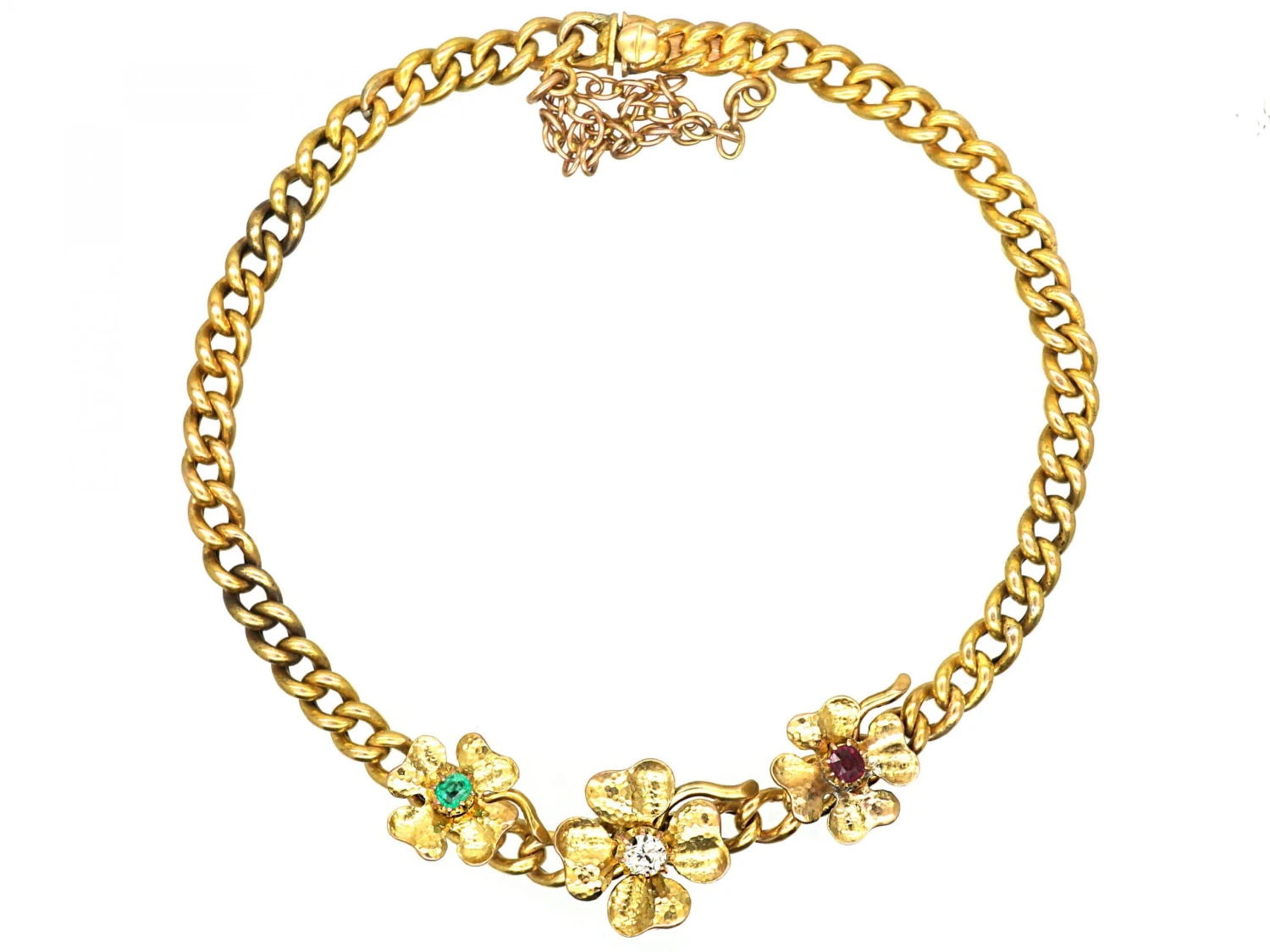 Early 20th Century 14ct Gold Bracelet With Three Four Leaf Clovers Set With A Ruby, Emerald & A Diamond 3 Early 20th Century 14ct Gold Bracelet With Three Four Leaf Clovers Set With A Ruby, Emerald & A Diamond