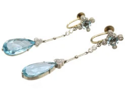 Art Deco 14ct Gold Long Drop Aquamarine & Diamond Earrings 8 Art Deco 14ct Gold Long Drop Aquamarine & Diamond Earrings -Antique Jewellery Company DSC04794