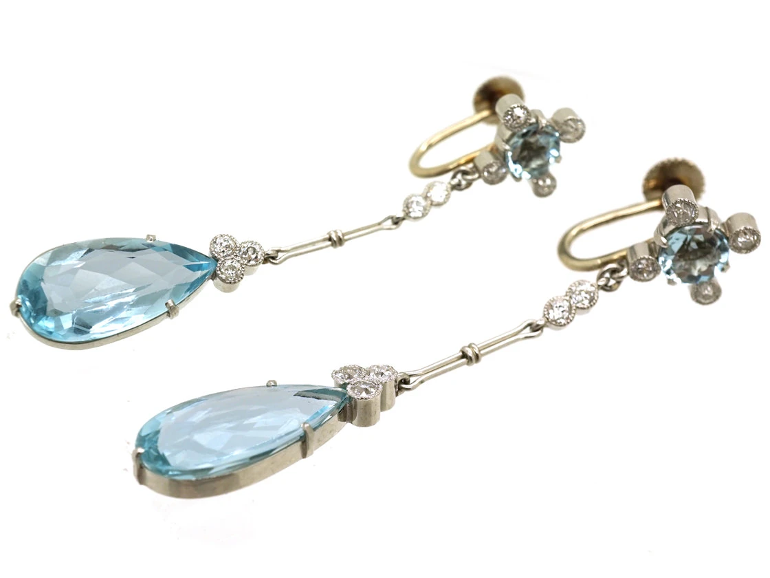 Art Deco 14ct Gold Long Drop Aquamarine & Diamond Earrings 5 Art Deco 14ct Gold Long Drop Aquamarine & Diamond Earrings - Image 3