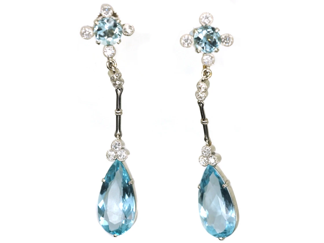 Art Deco 14ct Gold Long Drop Aquamarine & Diamond Earrings 3 Art Deco 14ct Gold Long Drop Aquamarine & Diamond Earrings