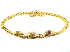 Early 20th Century 14ct Gold Bracelet With Three Four Leaf Clovers Set With A Ruby, Emerald & A Diamond 9 Early 20th Century 14ct Gold Bracelet With Three Four Leaf Clovers Set With A Ruby, Emerald & A Diamond -Antique Jewellery Company DSC04806 copy